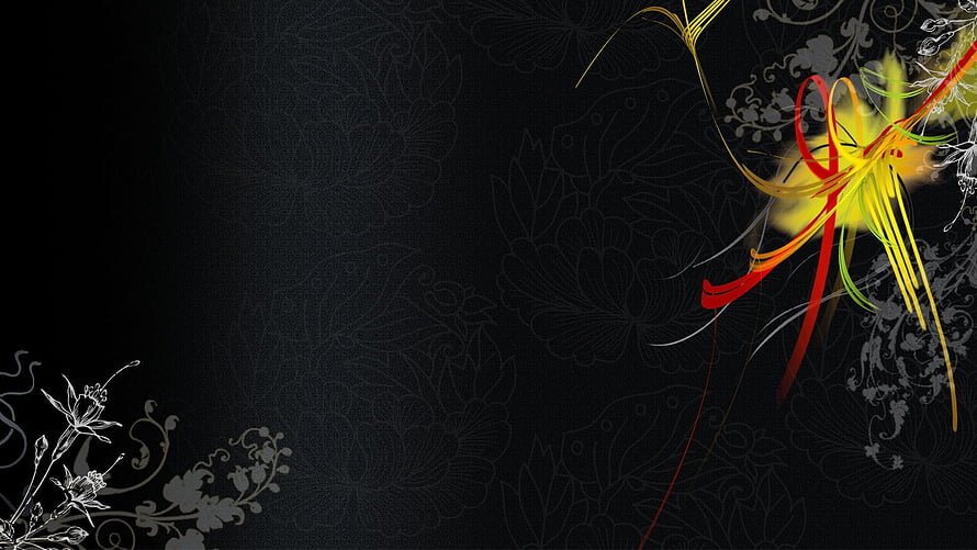 Elegant Black Floral Abstract Wallpaper with Vibrant Red and Yellow Accents HD wallpaper