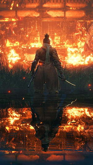 Ghost of Tsushima Warrior Standing Before Burning Village Reflection HD phone wallpaper