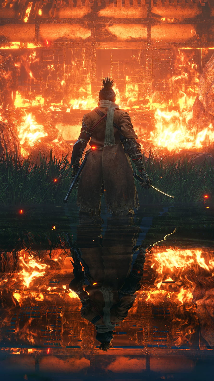 Ghost of Tsushima Warrior Standing Before Burning Village Reflection HD phone wallpaper
