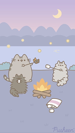 Pusheen and Friends Roasting Marshmallows by a Campfire Under a Crescent Moon HD phone wallpaper