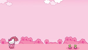 Cute Hello Kitty with Umbrella in Pink Landscape with Frogs HD wallpaper
