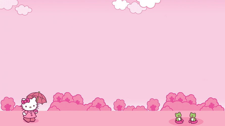 Cute Hello Kitty with Umbrella in Pink Landscape with Frogs HD wallpaper
