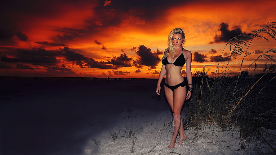 Blonde Woman in Black Bikini Standing on Sandy Beach at Dramatic Sunset, Blonde, Girl, Beautiful, Woman, Model, Lovely, female HD wallpaper