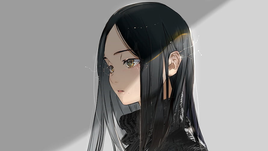 Anime Girl With Long Black Hair And Golden Eyes In Soft Light HD wallpaper