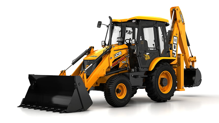 JCB Backhoe Loader with Front Bucket and Rear Digging Arm on White Background HD wallpaper