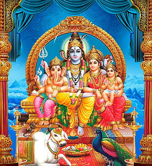 Lord Shiva Family Portrait with Parvati, Ganesha, and Kartikeya on Golden Throne HD phone wallpaper