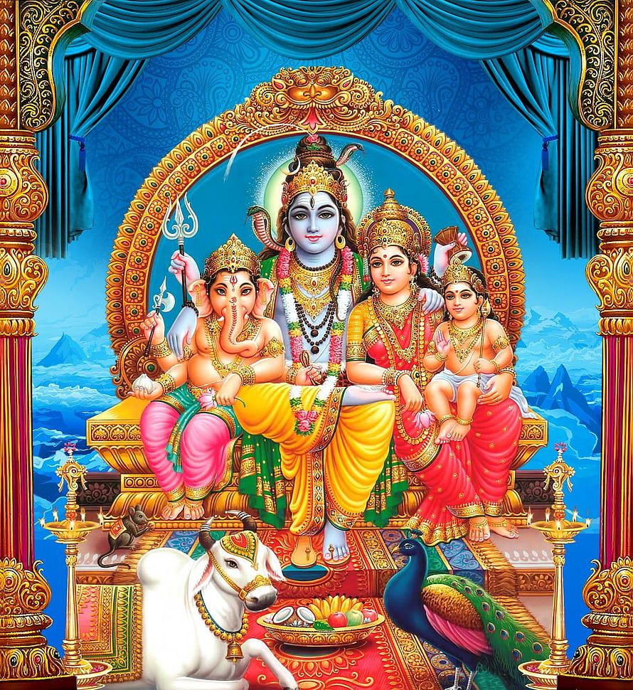 Lord Shiva Family Portrait with Parvati, Ganesha, and Kartikeya on Golden Throne HD phone wallpaper