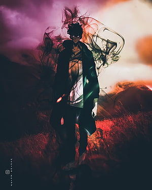 Sung Jin Woo from Solo Leveling Standing in a Dark Field with Swirling Smoke and Dramatic Lighting HD phone wallpaper
