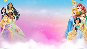 Disney Princess Group Portrait Against Pastel Sky With Clouds And Sparkles HD wallpaper