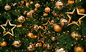 Luxurious Christmas Tree Close-Up With Gold Ornaments, Stars, And Warm Fairy Lights HD wallpaper