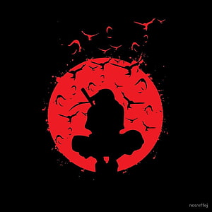 Itachi Uchiha Silhouette Against Red Moon with Crows in Naruto Style HD phone wallpaper