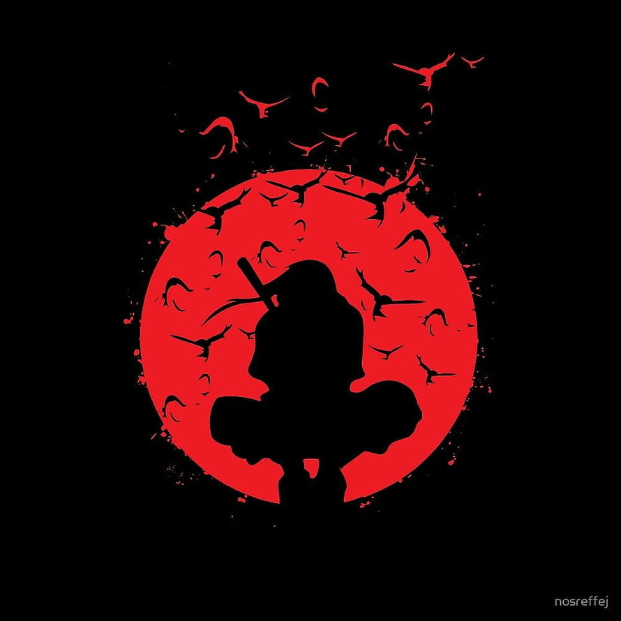 Itachi Uchiha Silhouette Against Red Moon with Crows in Naruto Style HD phone wallpaper