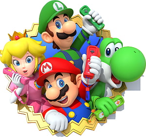 Mario, Luigi, Princess Peach, and Yoshi holding Wii Remotes in a fun group pose HD wallpaper