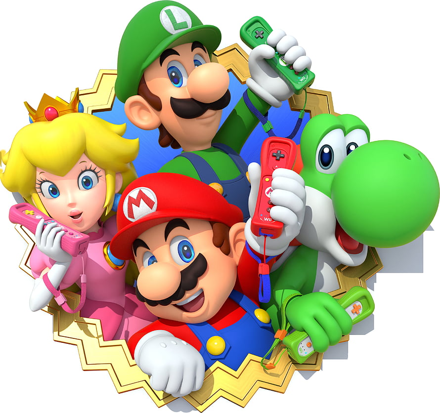 Mario, Luigi, Princess Peach, and Yoshi holding Wii Remotes in a fun group pose HD wallpaper