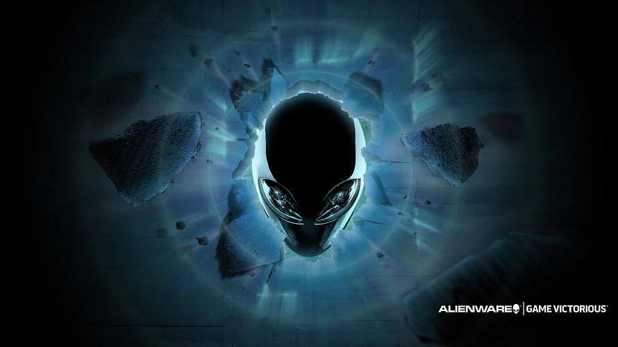 Alienware Alien Head Breaking Through Concrete Wall With Blue Glow HD wallpaper