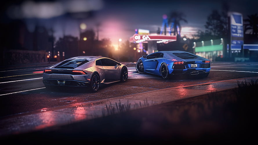 Two Lamborghini Aventador Supercars Parked on Wet Night Street in GTA Online HD wallpaper
