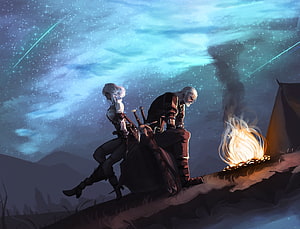 Geralt of Rivia and Ciri Resting by a Campfire Under a Starry Night Sky in The Witcher Fan Art HD wallpaper