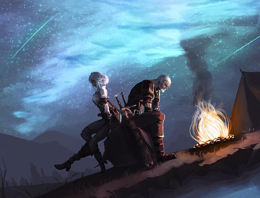 Geralt of Rivia and Ciri Resting by a Campfire Under a Starry Night Sky in The Witcher Fan Art HD wallpaper