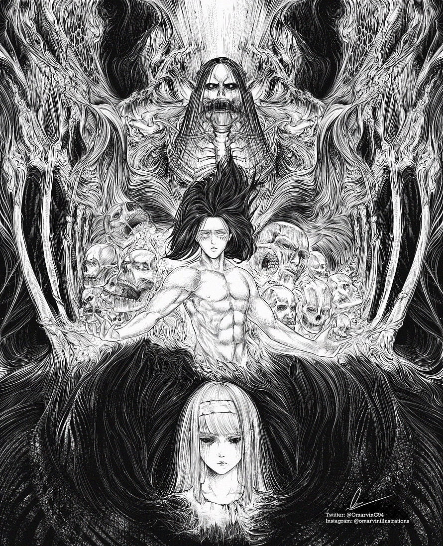 Ymir Fritz and Founding Titan in Dark Monochrome Illustration HD phone wallpaper