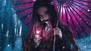 Nezuko Kamado Holding Glowing Butterfly Under Pink Umbrella In Snowy Forest HD wallpaper