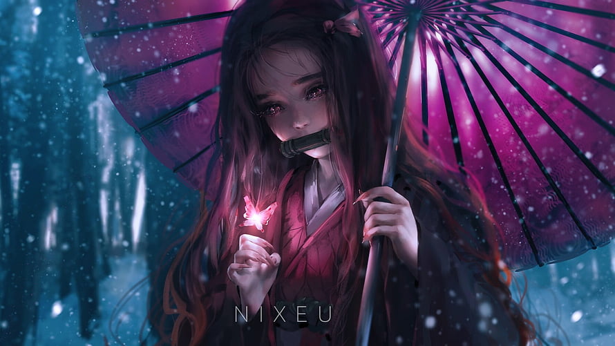 Nezuko Kamado Holding Glowing Butterfly Under Pink Umbrella In Snowy Forest HD wallpaper