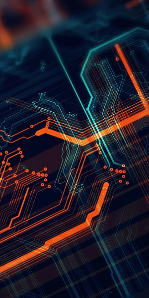 Asus ROG Circuit Board Pattern with Glowing Orange and Cyan Traces on Dark Background HD phone wallpaper