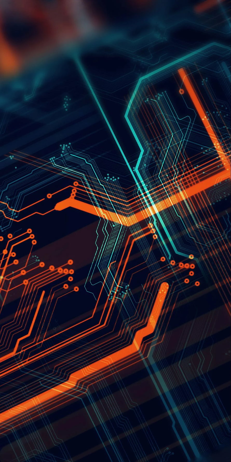 Asus ROG Circuit Board Pattern with Glowing Orange and Cyan Traces on Dark Background HD phone wallpaper
