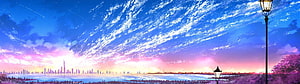 Vibrant City Skyline at Sunset with Vintage Street Lamps and Cloudy Sky HD wallpaper