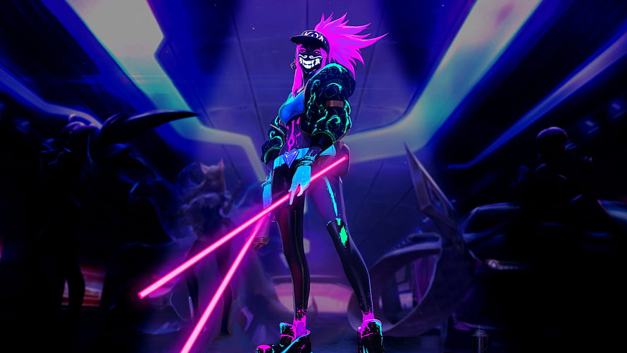 K/DA Akali from League of Legends wielding neon pink energy blades in a futuristic cyberpunk setting HD wallpaper