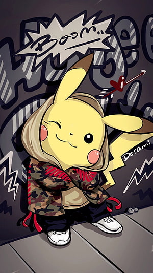 Cool Pikachu in Streetwear Hoodie and Sneakers Against Graffiti Wall HD phone wallpaper