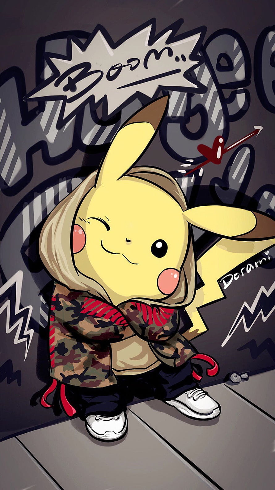 Cool Pikachu in Streetwear Hoodie and Sneakers Against Graffiti Wall HD phone wallpaper