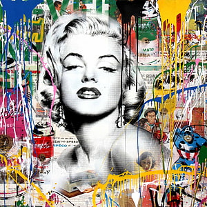 Marilyn Monroe Pop Art Collage with Vibrant Paint Splatters and Street Art Elements HD phone wallpaper
