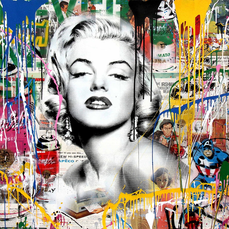 Marilyn Monroe Pop Art Collage with Vibrant Paint Splatters and Street Art Elements HD phone wallpaper