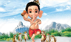 Cute Baby Ganesha Dancing With Mice In A Colorful Animated Landscape HD wallpaper