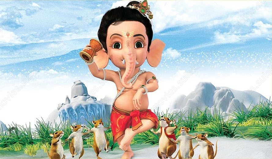 Cute Baby Ganesha Dancing With Mice In A Colorful Animated Landscape HD wallpaper