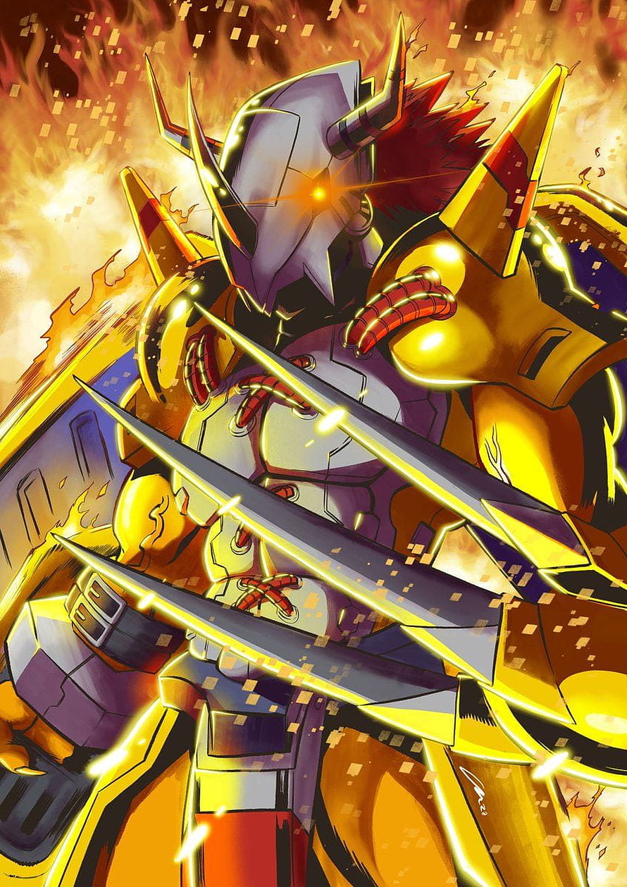 Wargreymon Digimon Anime Character Artwork with Golden Armor and Dual Blades HD phone wallpaper