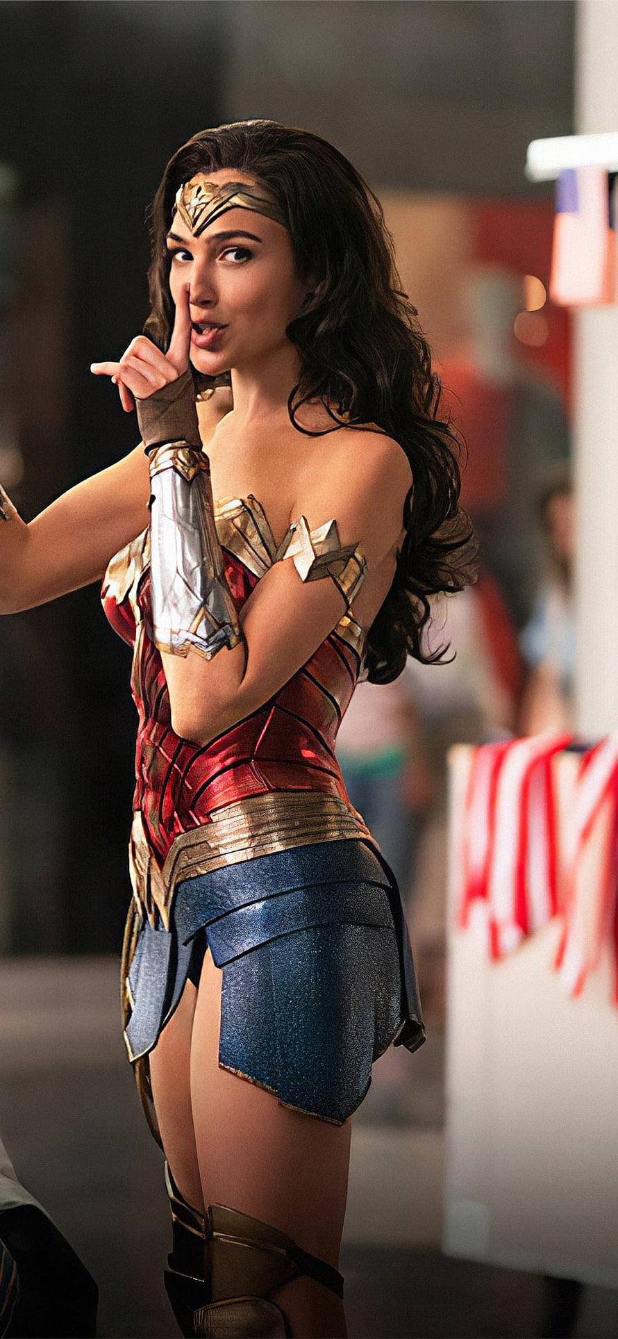 Gal Gadot as Wonder Woman in Iconic Red and Gold Armor with Finger to Lips Gesture, Best Gal gadot 11, Wonder Woman Gal Gadot HD phone wallpaper
