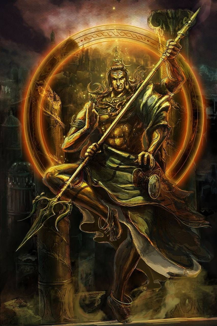 Mighty Karna wielding the Vijaya bow in golden armor with radiant halo HD phone wallpaper