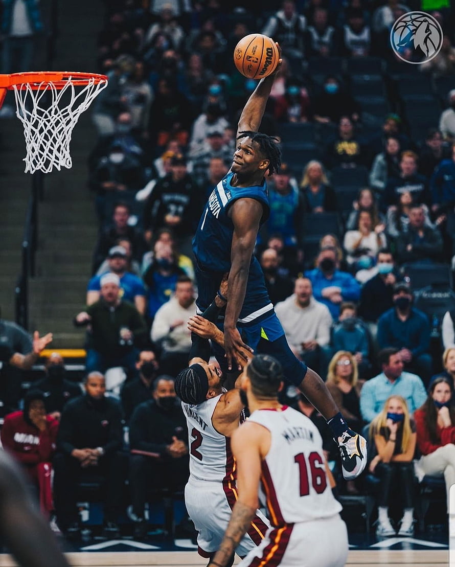 Anthony Edwards Mid-Air Dunk Over Cleveland Cavaliers Defenders HD phone wallpaper