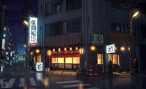 Izakaya Corner Store on Rainy Japanese Street at Night HD wallpaper