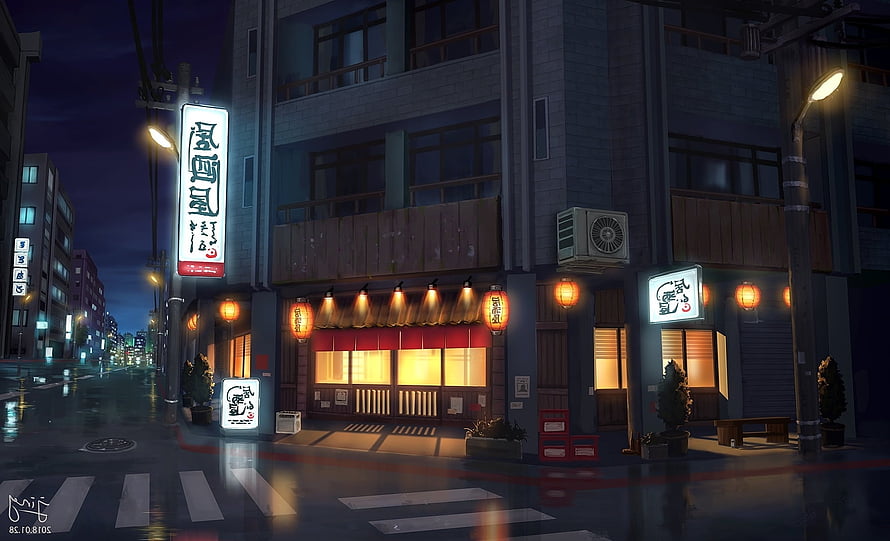 Izakaya Corner Store on Rainy Japanese Street at Night HD wallpaper