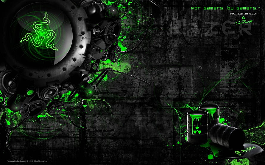 Razer Gaming Wallpaper Featuring Neon Green Logo, Mechanical Gears, and Toxic Splatter on Dark Grunge Background HD wallpaper