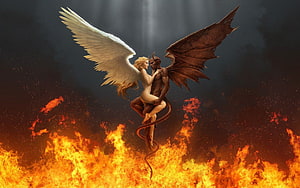 Angel and Demon Embrace Above Inferno Flames in Dramatic Fantasy Digital Art HD wallpaper