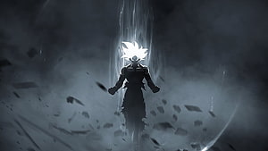 Silhouette of Goku in Ultra Instinct Form with Glowing White Aura and Floating Debris HD wallpaper