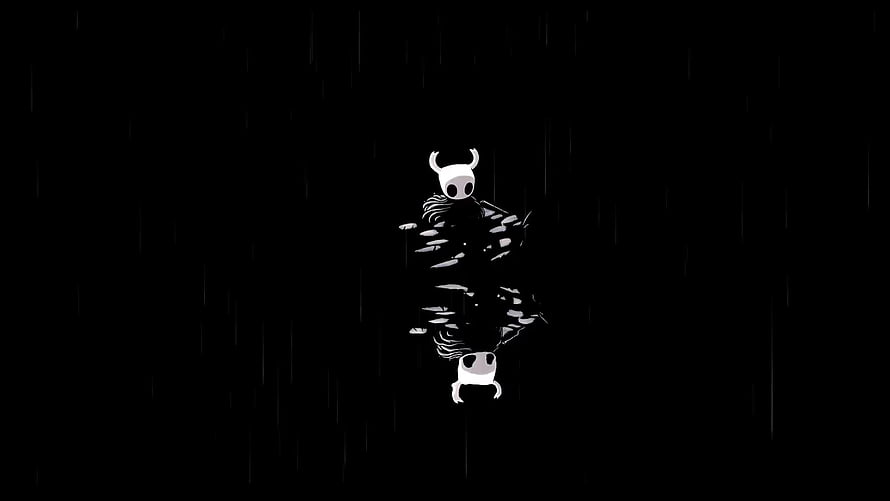 Hollow Knight Minimalist Artwork with Rain Reflection on Black Background HD wallpaper