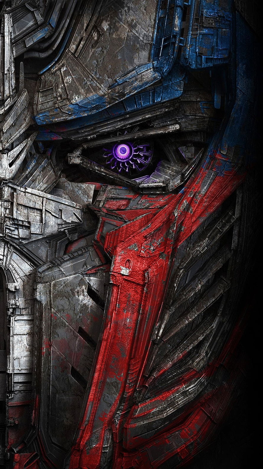 Optimus Prime Close-Up Face Portrait With Glowing Purple Eye And Battle-Damaged Armor HD phone wallpaper