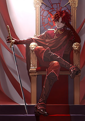 Red-Haired Anime Prince Seated on Ornate Throne Holding Sword HD phone wallpaper