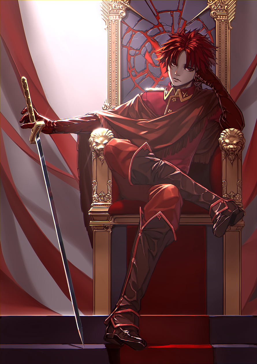 Red-Haired Anime Prince Seated on Ornate Throne Holding Sword HD phone wallpaper