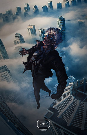 Anime Character Falling Through Clouds Over Futuristic City Skyline HD phone wallpaper