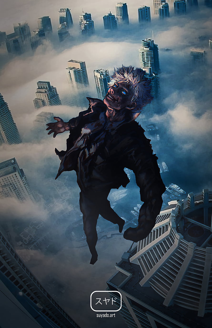 Anime Character Falling Through Clouds Over Futuristic City Skyline HD phone wallpaper